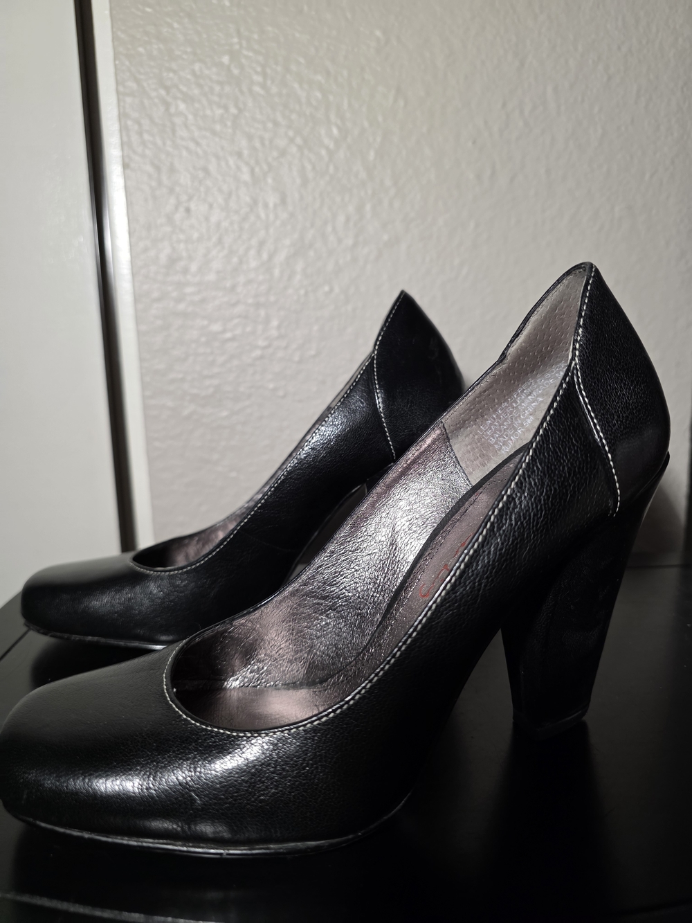 Star Ling Women's Black Leather Round-Toe Pumps with Block Heel Size 5